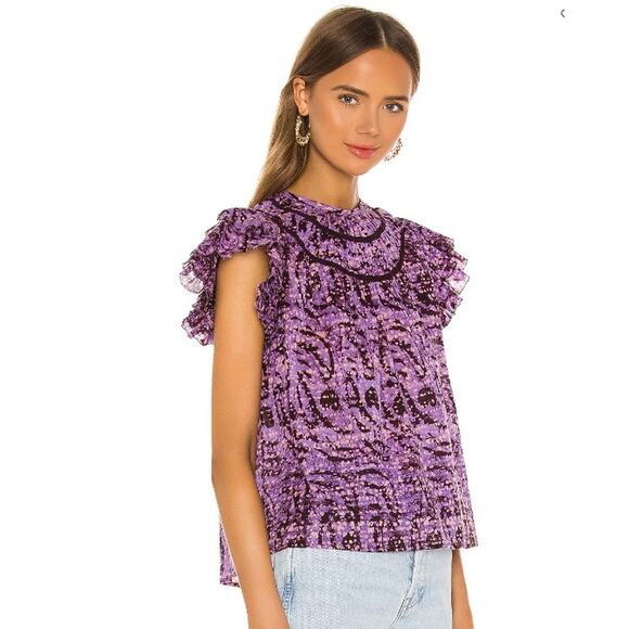 ULLA JOHNSON Amai Blouse Purple Batik Top Size 2 Small Flutter Sleeve Boxy - Picture 1 of 15